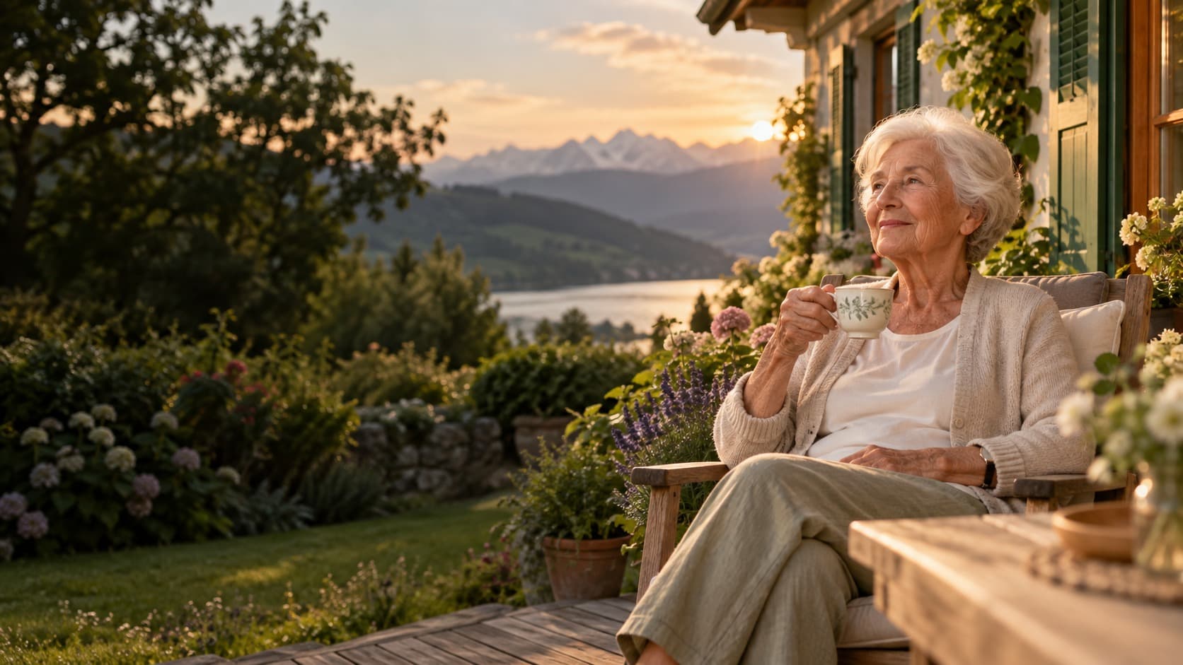 Eine ältere Frau sitzt bei Sonnenuntergang mit einer Tasse Tee auf der Terrasse ihres Hauses, mit Blick auf See und Berge