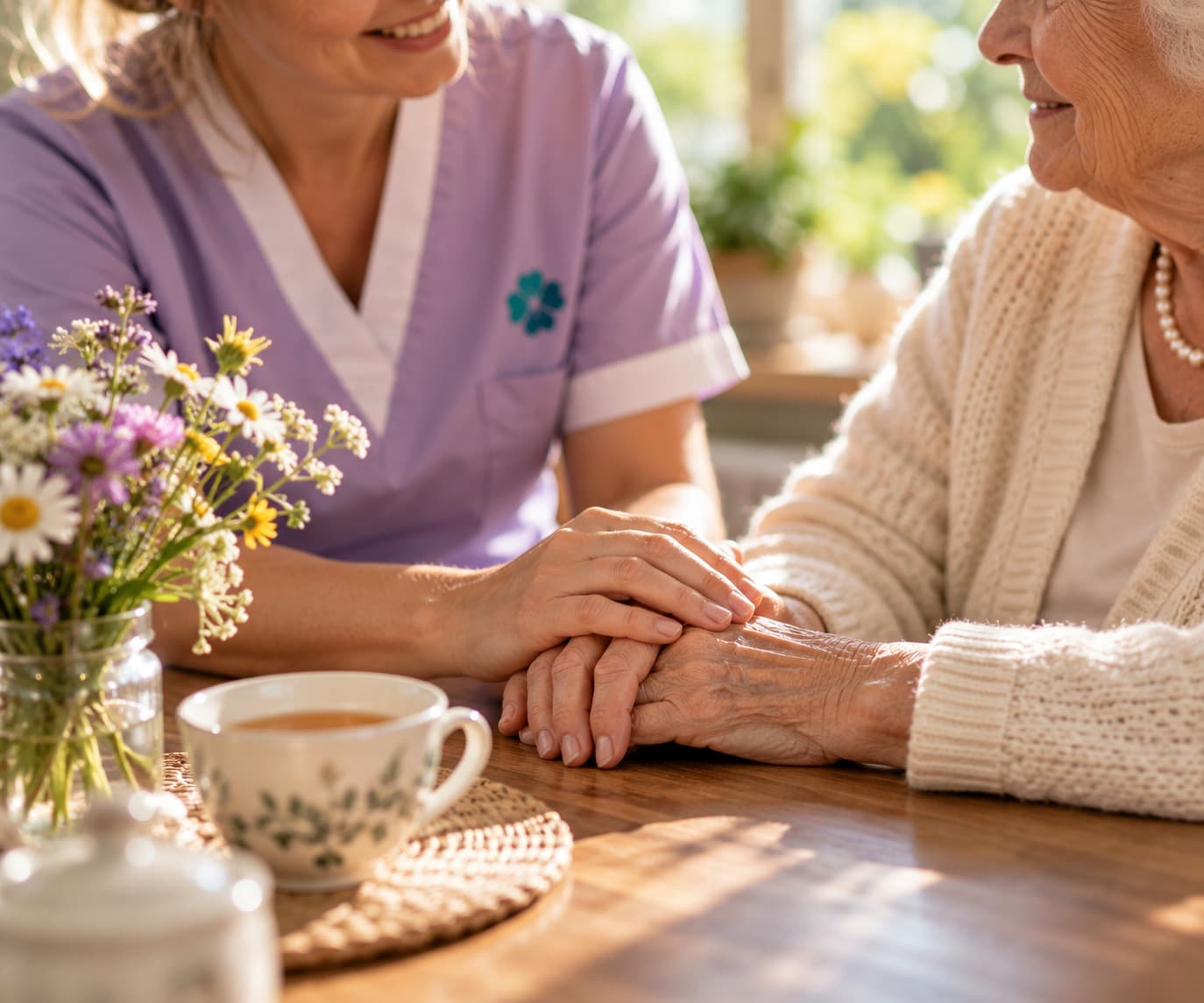 Die Hand einer Pflegefachfrau liegt am Tisch sanft auf den Händen einer älteren Frau, daneben eine Tasse Tee und Wiesenblumen